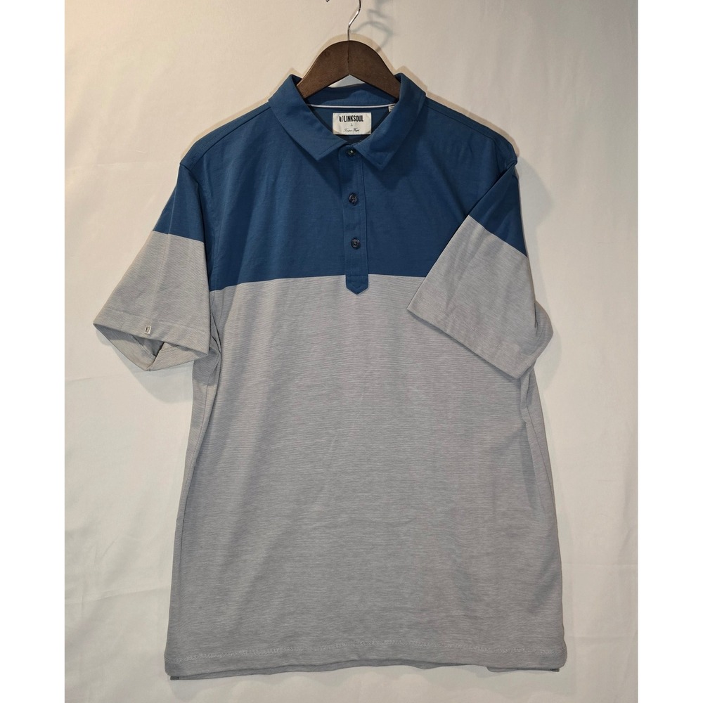 Linksoul Mens Blue Gray Colorblock‎ Striped Golf Polo Shirt Size L